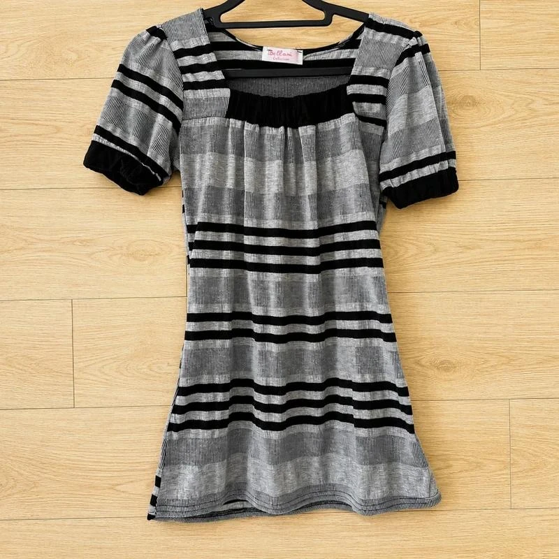 🖤 Bellani Collection Robe rayée grise noire Xs maille cintrée manches courtes